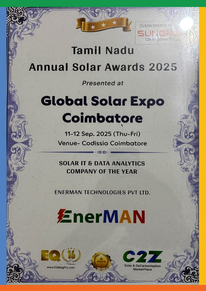 Tamil Nadu Annual Solar Awards 2025 certificate: Solar IT & Data Analytics Company of the Year, EnerMAN Technologies