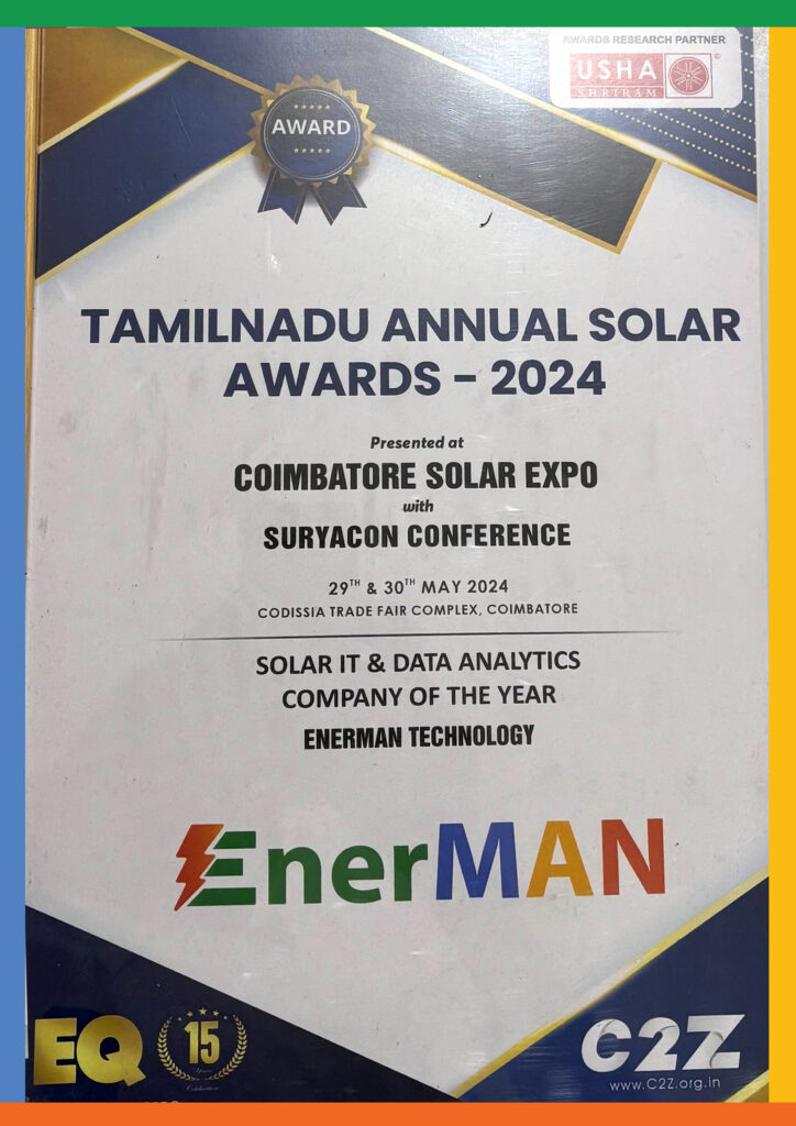 Tamil Nadu Annual Solar Awards 2024 certificate: Solar IT & Data Analytics Company of the Year, EnerMAN Technologies