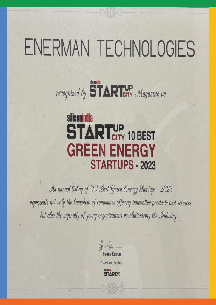 SiliconIndia Startup City certificate: 10 Best Green Energy Startups 2023, EnerMAN Technologies