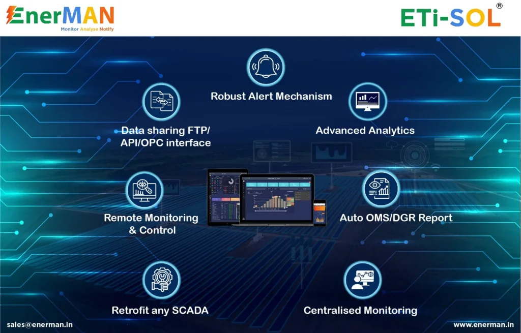 ETi-SOL features: alerts, data sharing by FTP, API and OPC, advanced analytics, remote monitoring and control, OMS and DGR reports, SCADA retrofit, centralised monitoring