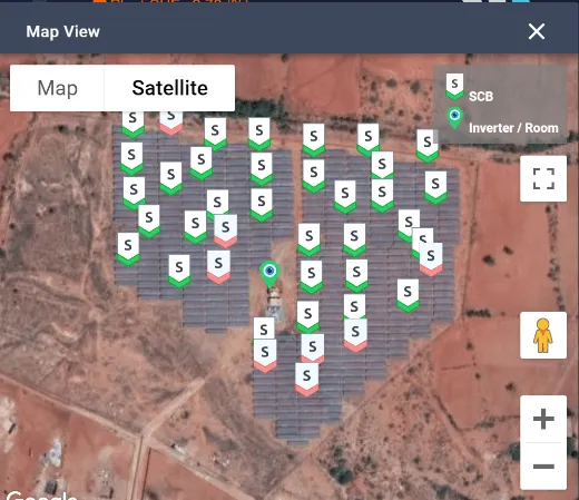 ETi-SOL map view: SCB and inverter room markers on a satellite image of the plant