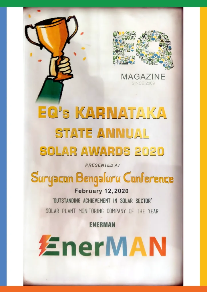 EQ's Karnataka State Annual Solar Awards 2020 certificate: Outstanding Achievement in Solar Sector, EnerMAN