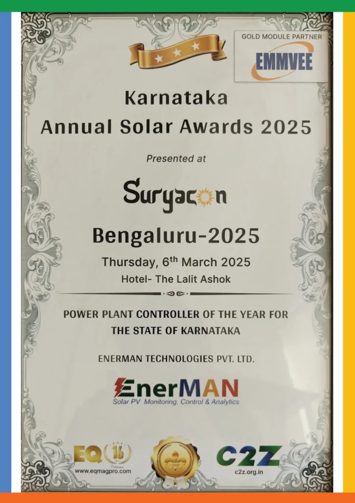 Karnataka Annual Solar Awards 2025 certificate: Power Plant Controller of the Year for the State of Karnataka, EnerMAN Technologies