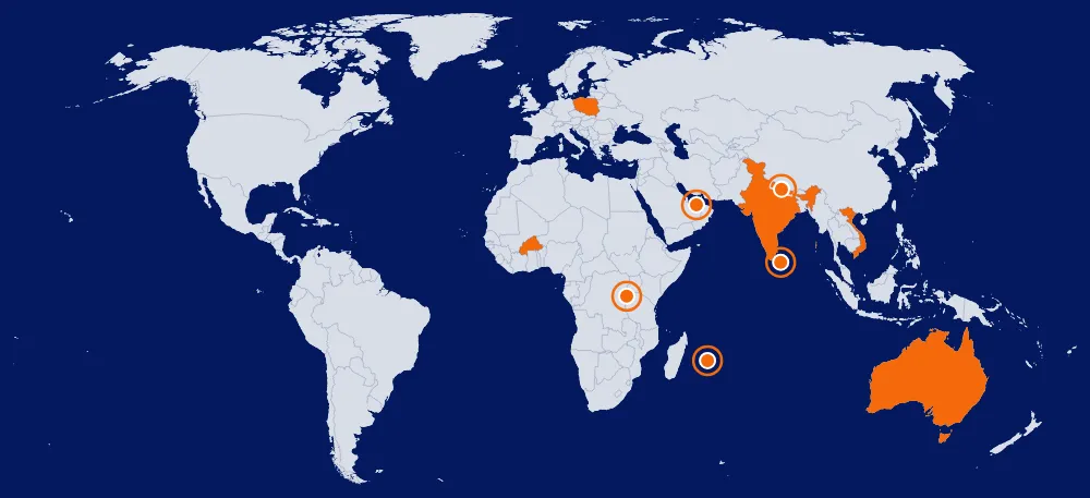 World map of EnerMAN's footprint, the ten countries in orange: Australia, Burkina Faso, India, Mauritius, Nepal, Poland, Rwanda, Sri Lanka, U.A.E and Vietnam