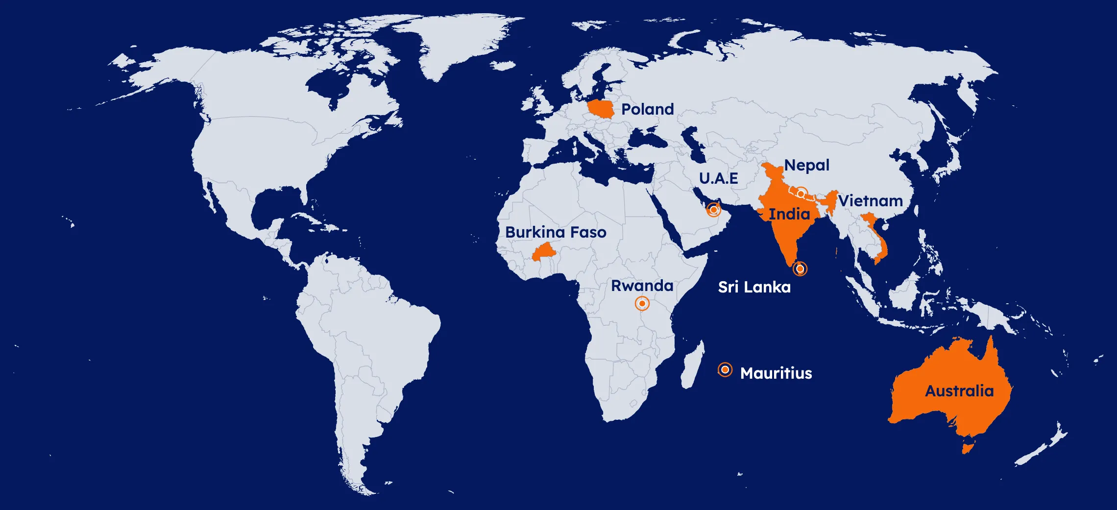 World map of EnerMAN's footprint, the ten countries in orange: Australia, Burkina Faso, India, Mauritius, Nepal, Poland, Rwanda, Sri Lanka, U.A.E and Vietnam